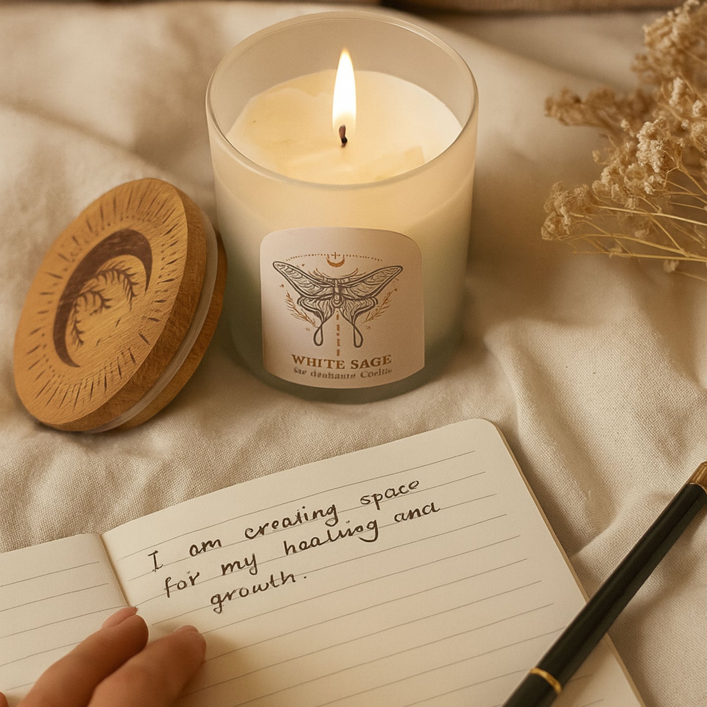 Luna Moth Manifestation Candle with Clear Quartz Crystals 500g